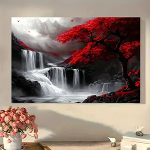 2D canvas art, 1pc wooden frame fantasy red trees and waterfalls canvas art - painting in black, white, and red color scheme, perfect for living room and home wall decoration, ideal for Christmas, Halloween, birthdays, graduations, and special occasions