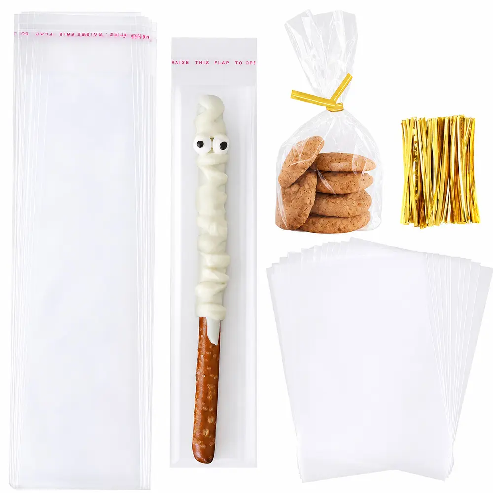 400Pcs Clear Cellophane Treat Bags with 500 Twist Ties, Transparent Candy Cookie & Pretzel Rod Packaging Bags, Disposable Snack Wrappers, Perfect for Birthday Party, Dessert, Biscuit & Homemade Treat Packaging sohochic