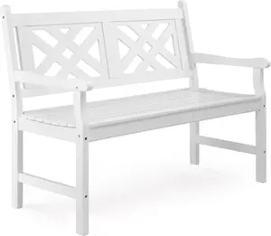 Karlhome 47" Outdoor Wood Bench, Weatehr Resistant Wooden Garden Patio Bench with Comfortable Backrest & Curved Armrest, 800lb Capacity Loveseat for Front Porch Park Yard Deck (White, Geometric)