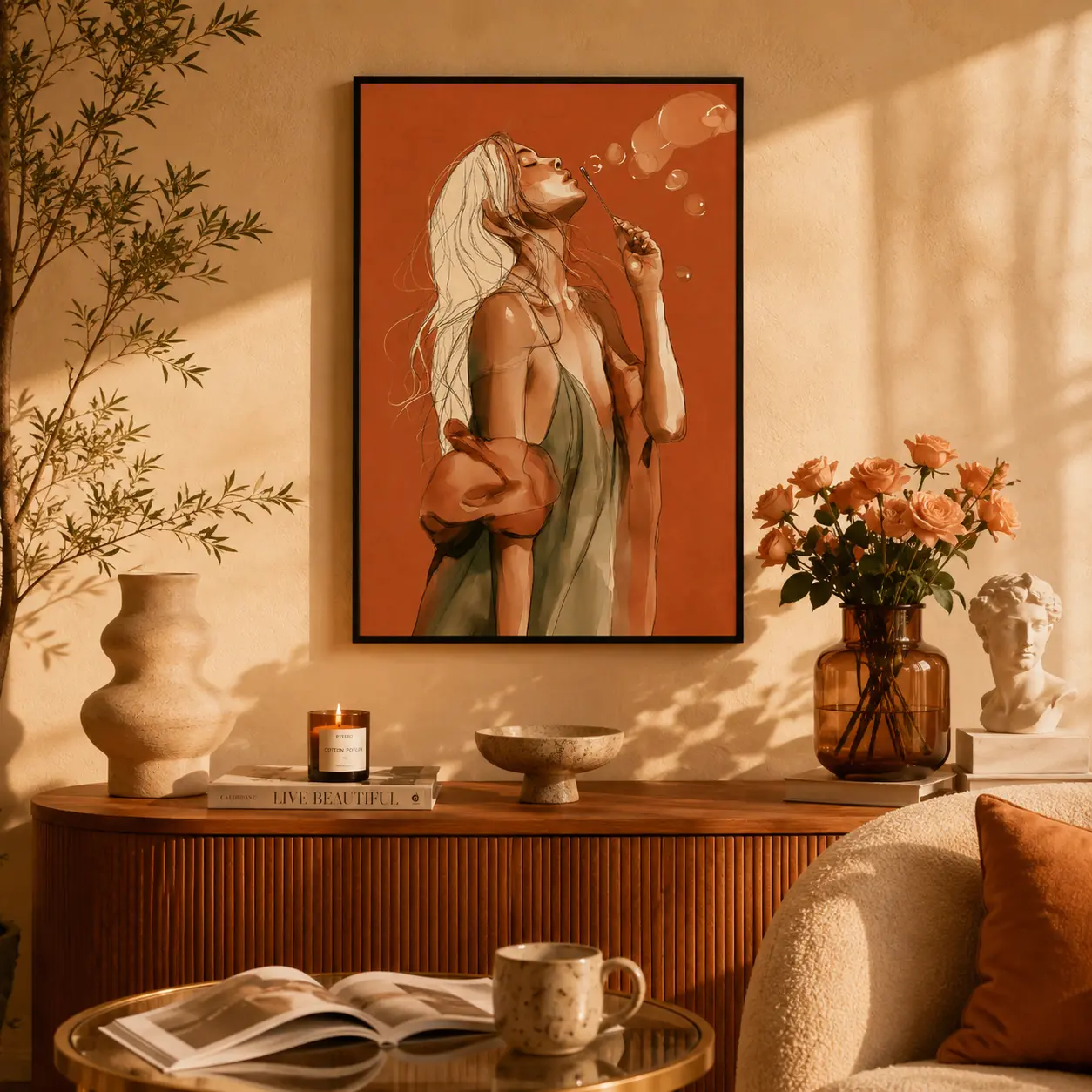 Modern Boho Canvas Wall Art,Watercolor Woman Blowing Bubbles Figure Painting Poster,Warm Orange Background Minimalist Aesthetic Print for Bedroom Living Room Home Decor,No Frame