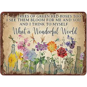 Dragonfly What A Wonderful World Flowers Funny Metal Tin Sign Wall Decor I See Trees of Green Red Rose Too Retro Tin Sign Vase Flowers Poster Plaque Entryway Decor Gallery Wall Signs