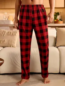"Trending CozyMen Red Black Buffalo Plaid Pajama Pants Elastic High Waist Soft Plush Breathable Comfy Sleepwear Loungewear Bottoms for Men Daily Home Use Nightwear Relaxed Streetwear Casual Lounge Pants"