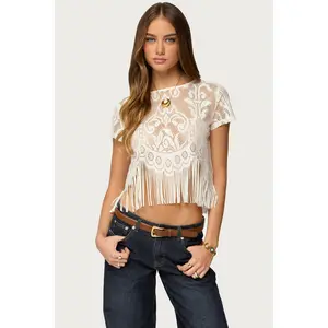 Kira Sheer Lace Fringe Top