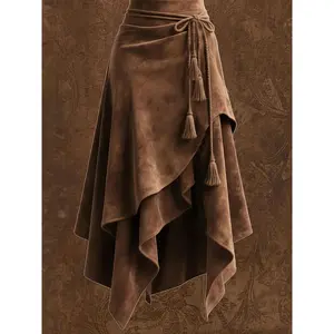 2025 New Vintage Style Asymmetrical Midi Skirt with Tie-Waist and Fringe Detail