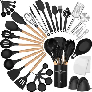 43Pcs Non-Stick Heat Resistant Utensils Spatula Set with Wooden Handle for Baking, Cooking, and Mixing, Best Kitchen Gadgets Tools with Holder (Black)