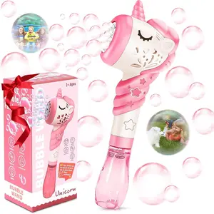 Multifunctional Bubble Making Machine Wand Gifts for Kids Toddlers Age 1 2 3 4 5 6 7 8 Years Old Birthday Party Unique Cute Baby Outdoor Outside Unicorn Summer Toy Easter Day Game for Little Girl Boy Include Solution Pink Hand-Held Electric Bubble Gun
