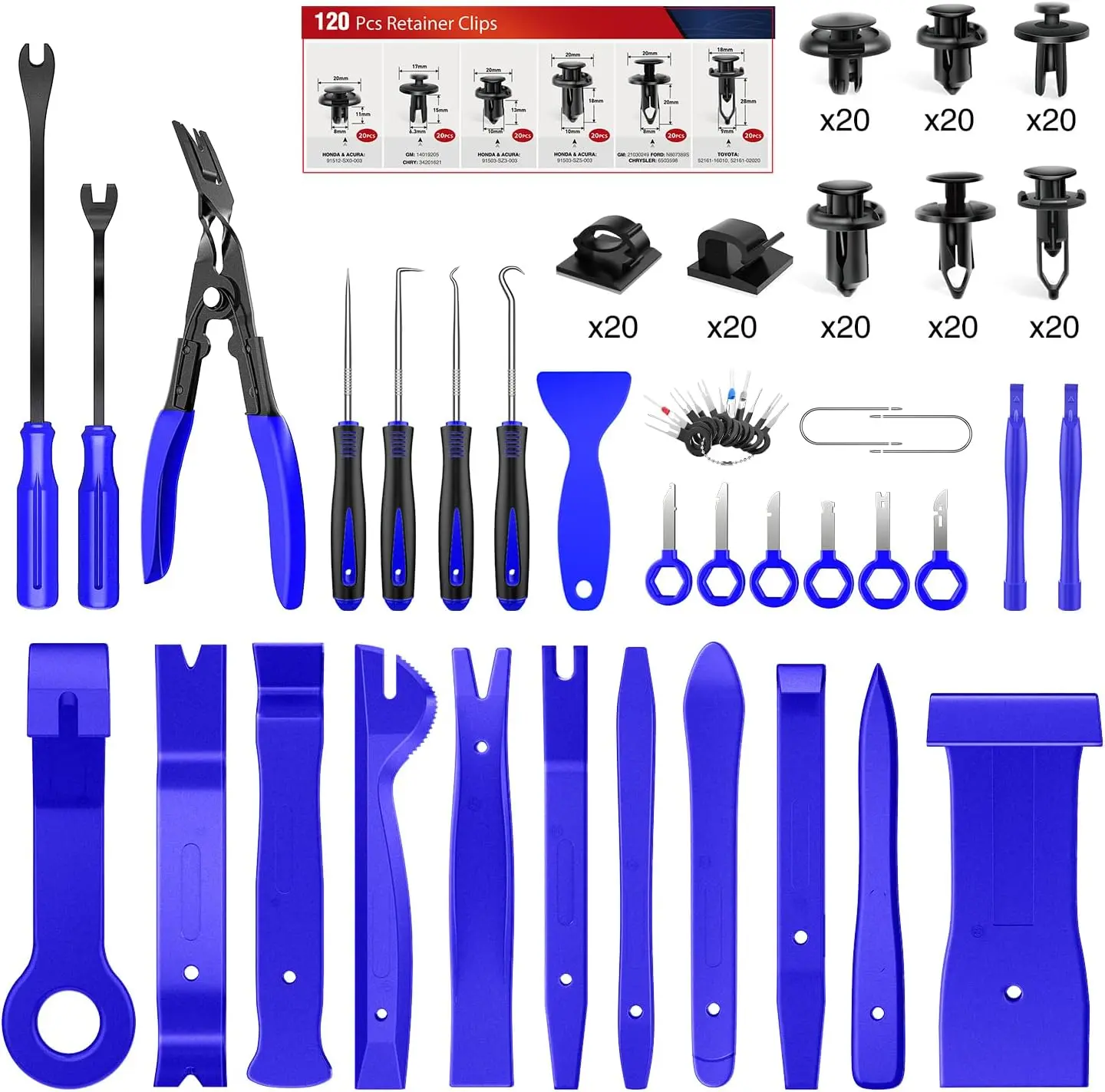 Nilight 200Pcs Auto Trim Removal Tool Kit Set - Auto Repair Tools with 2*Round Handle Crowbar, 2*Upholstery Fastener Remover, Push Pin Bumper Retainers, Adhesive Cable Clips, Car Panel Radio Pliers, Protect Your Car, Portable Bag (Ideal Father's Day Gift)