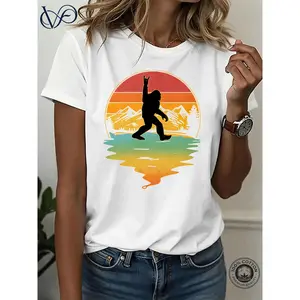 Womens Retro Graphic T shirt, Dark Gray Base Crewneck Short Sleeve Top, Vintage Bigfoot Silhouette Design, Sunset Mountain Landscape Print, Artistic Nature Inspired Tee, Relaxed Fit Casual Wear, Trendy Outdoor Adventure Style