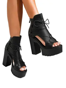 New Pure Color Waterproof Platform Toe-Exposed Chunky Heel High Heels, Elegant Classy Fashion Sandals for All Seasons, PU Leather, Rubber Sole