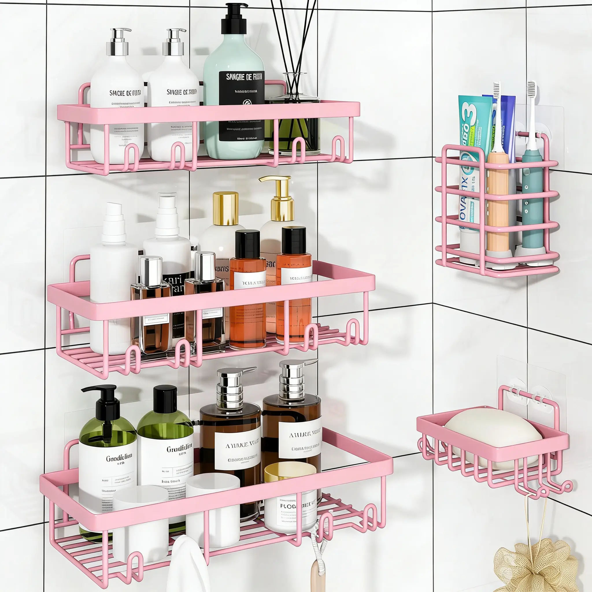 Pink 5-Piece Eco-Friendly Modern Stainless Steel Bathroom Decor Set - Durable Self-Adhesive Wall-Mount Triangle Caddy, Modern Shower Accessories, Easy-Install Bathroom Storage, Shower Organizer