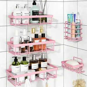 5-Piece Rust-Proof Stainless Steel Bathroom Organizer Shower Shelves Set - Adhesive Wall-Mount Triangle Caddy, Easy-Installation Bathroom Storage Decor (Pink)