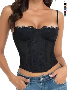 Women's Sexy Lace Corset Top, Push-Up Fitted Tank Vest, Backless Bralette, Underwear, Casual Party Night, Short Slim Fit Shirt