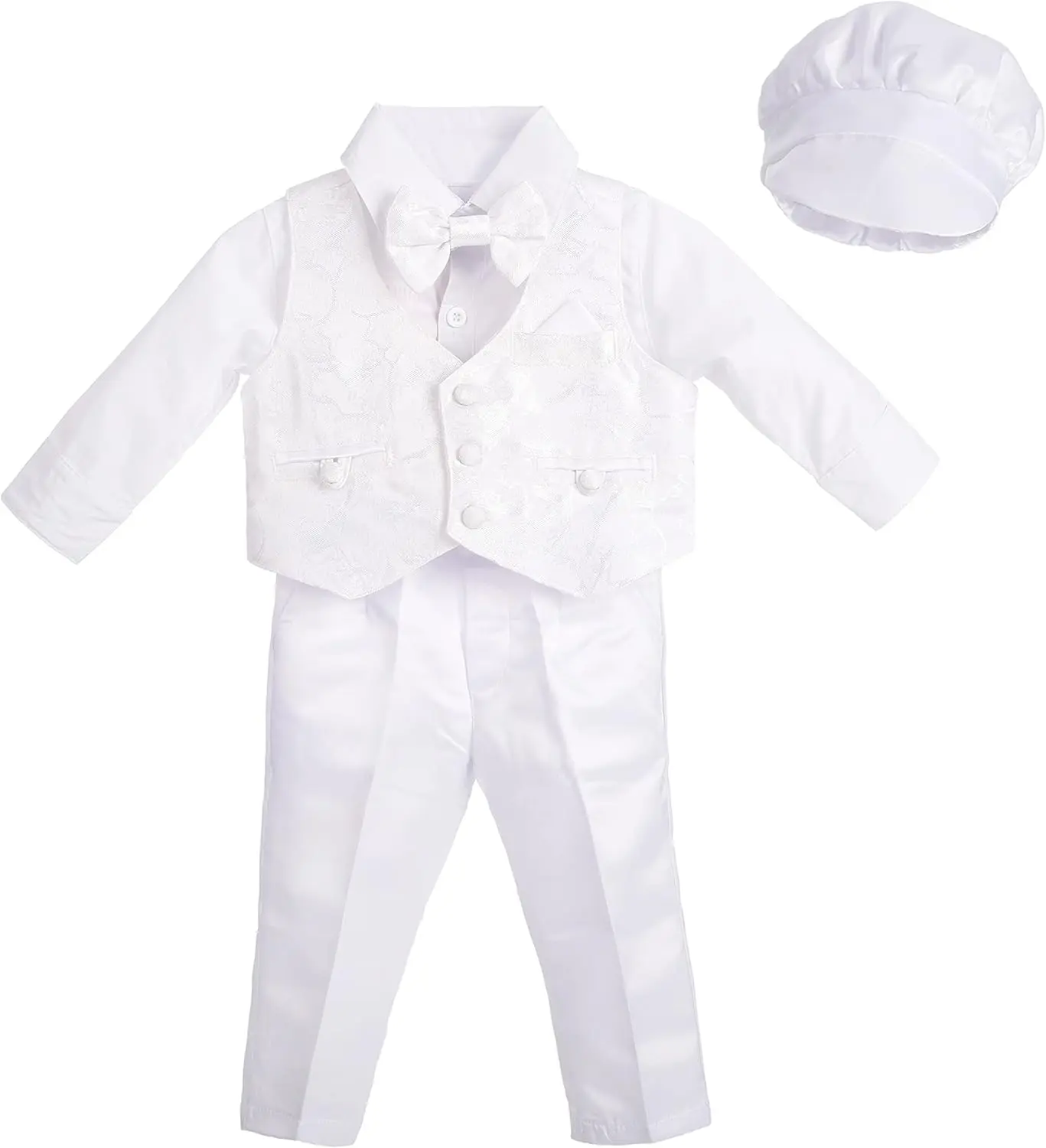 Baby Boys White Suit Christening Clothing with Bonnet Baptism Outfits Long Sleeve Floral