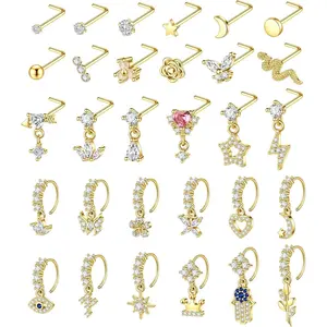 30 count 20G Dangle Nose Ring for Women L Shaped Dangling Nose Stud Surgical Steel Nose Ring Studs Dainty CZ Flower Heart Moon  Dangle Rings Hoops Nose Piercing