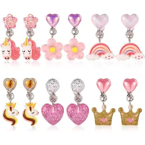 BY-251 6 Pairs Clip On Drop Earrings, Colorful Non-Pierced Clip On Earrings Resin Rainbow Crown Flower Heart Clip On Earrings Ear Clips for Girls Kids Toddler Dress Up Princess Jewelry Accessories