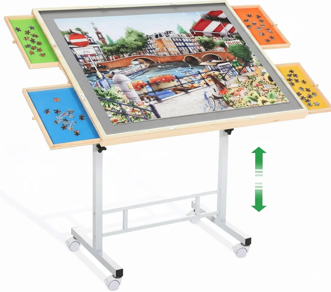 Adjustable Puzzle Table for 1500 Pieces, Height 28.4-35.4 Inch, Tilt & Roll Design with Metal Legs, Perfect for Adults & Kids Jigsaw Puzzles, Storage & Display Station