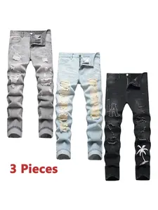 3-Pack Men's Jeans Grey & Blue & Black Slim Fit Denim Pants Casual Fashion Trousers Straight Leg Streetwear jeans pants for men Menswear