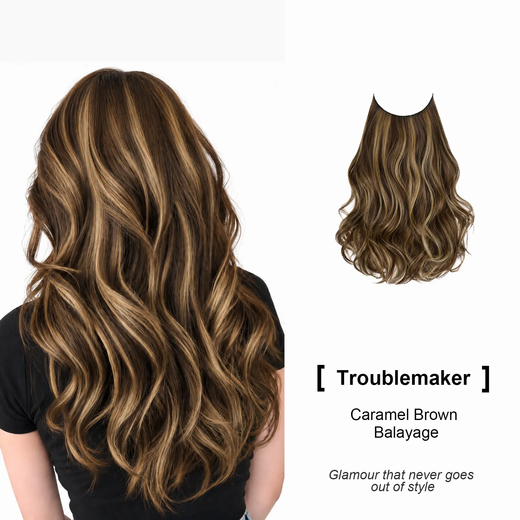 Qbeauty Amara Troublemaker Collection 20in Synthetic Clip-in Hair Extensions - Invisible Layered Wavy Caramel Brown Balayage, Invisible Extension Hairpiece sohochic