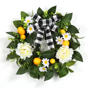 Garvee Farmhouse Lemon Wreath for Front Door - Artificial Lemons Peony & Daisy Grapevine Wreath - Summer & Spring Floral Decor for Home Kitchen Porch Party Indoor/Outdoor Use 20 Inch