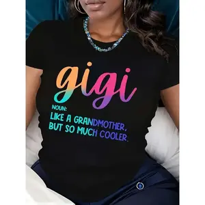 95% Polyester 5% Elastane Casual Crew Neck T-shirt with Gigi Alphabet Print, All-Season Comfort Fit, Knitted Fabric Tee zsg08