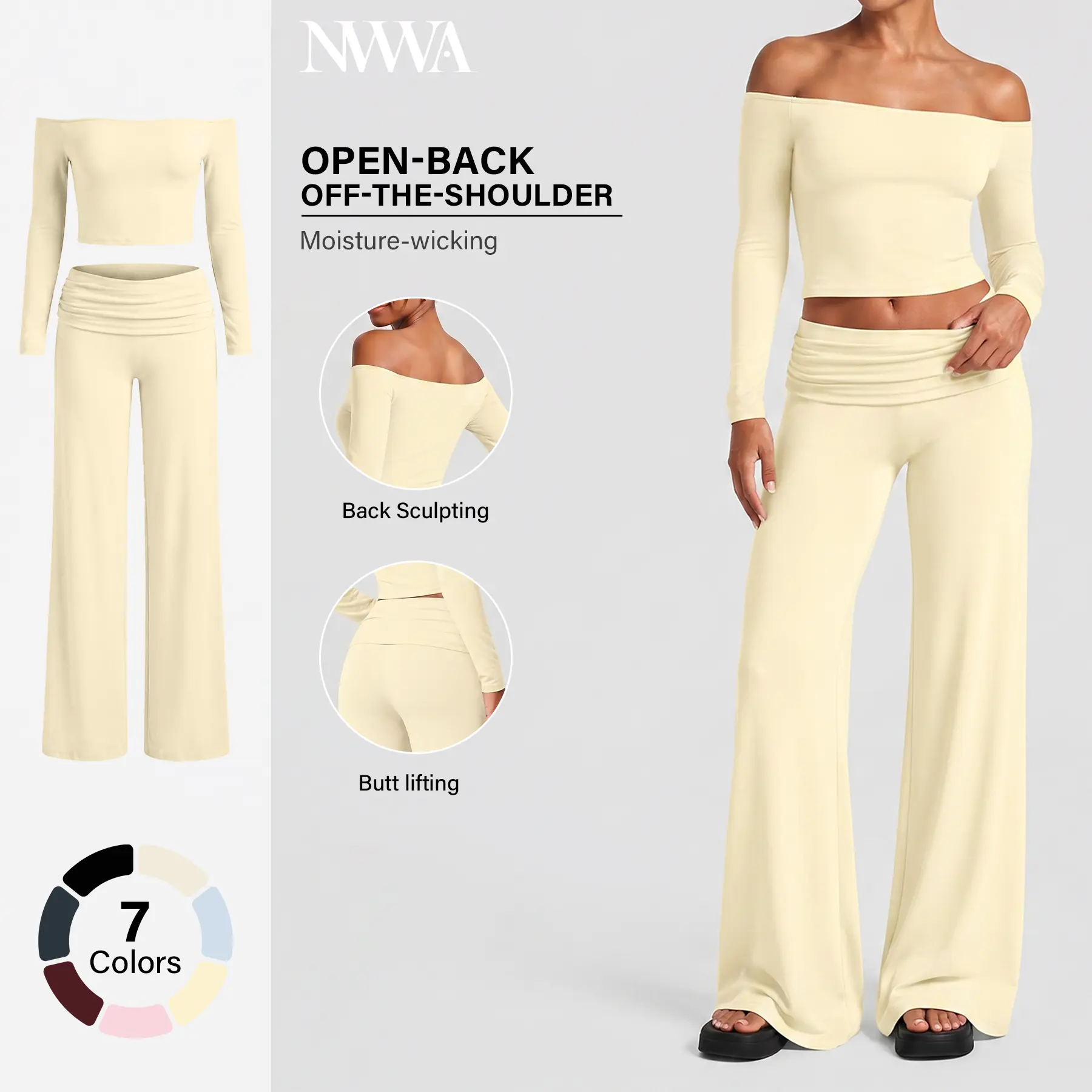 NVWA Women's 2-Piece Nylon Blend Yoga Workout Set - Off-The-Shoulder Long-Sleeve Crop Top, Fold-Over Wide Leg Below Ankle Pants, Open Back, Butt-Lifting, Moisture-Wicking, Slim-Fit Athletic Activewear