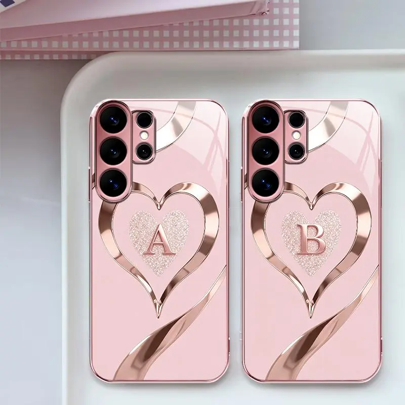 Suitable for [Galaxy S26 Ultra ] Luxury Rose Gold Heart Monogram Phone Case | Personalized A-Z Initial Electroplated Glossy Glass Protective Cover | Shockproof Drop Protection, Anti-Scratch & Anti-Fingerprint | Cute Gift for Her -JS996