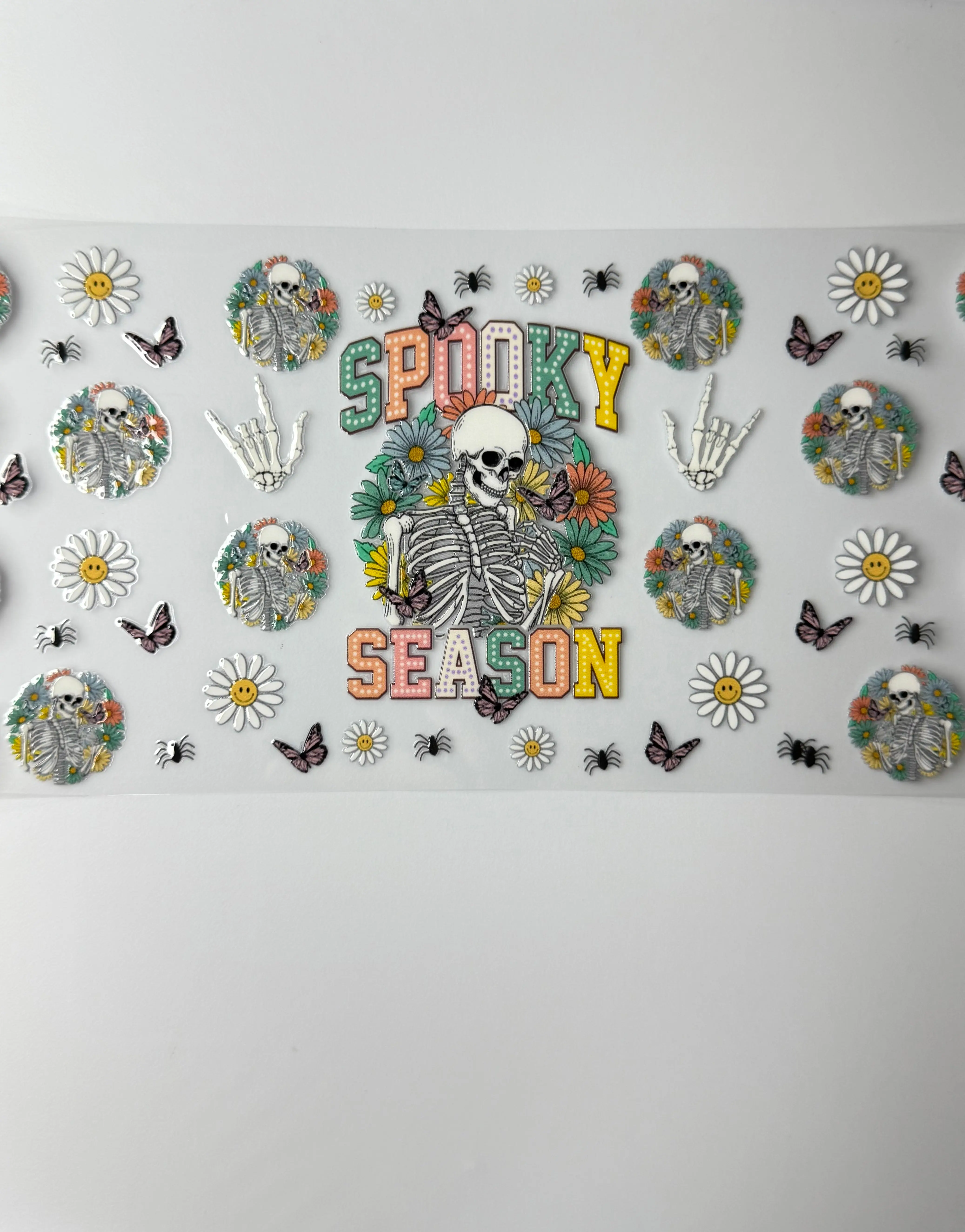 C45- SPOOKY SEASON with colorful skulls, flowers, and butterflies 16OZ UV DTF Transfer Wrap/Sticker for Cup/Tumbler
