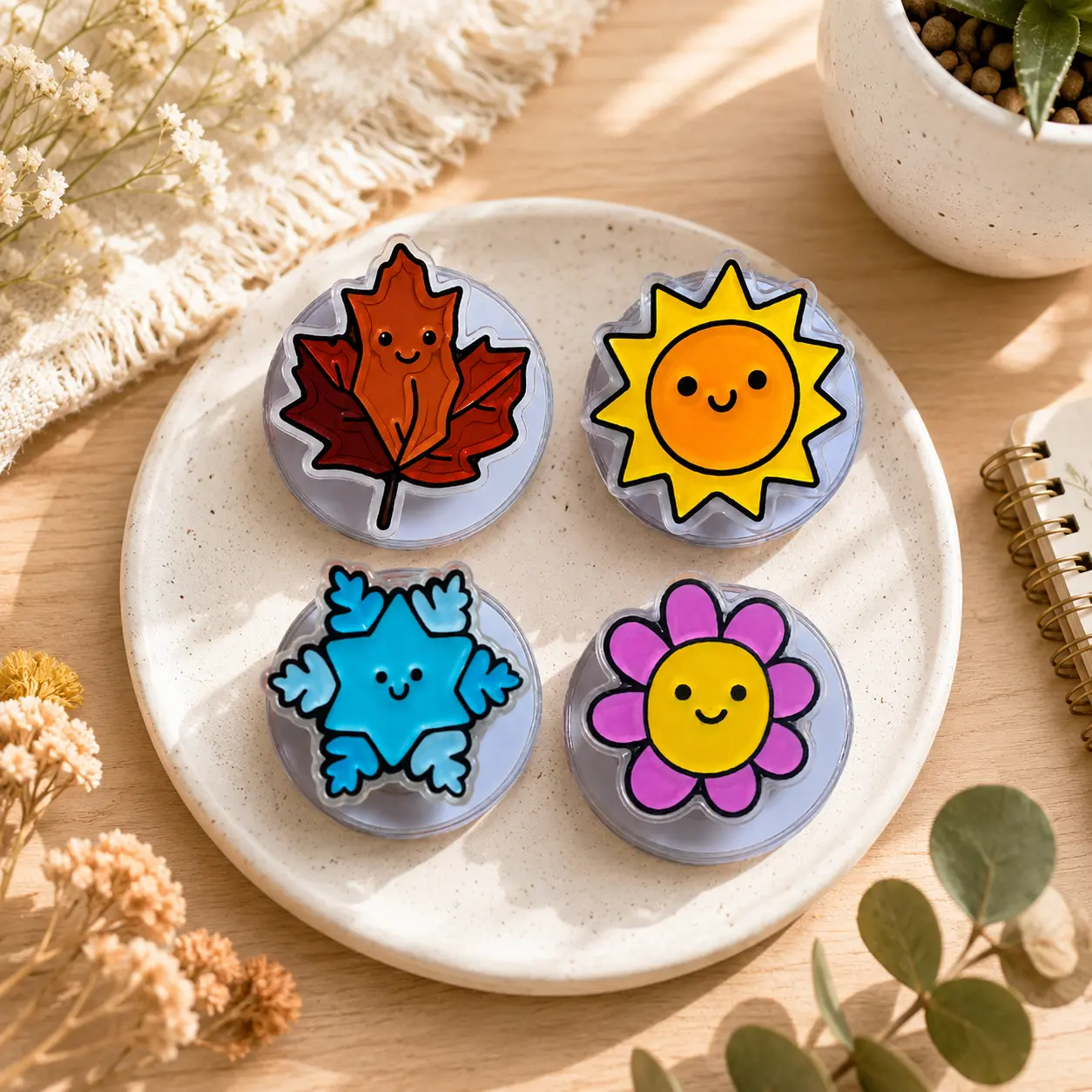 Four Seasons Magnetic Phone Grip Set, Fall Leaf Summer Sun Winter Snowflake Spring Flower Pop Socket, MagSafe Kindle Phone Holder Gift