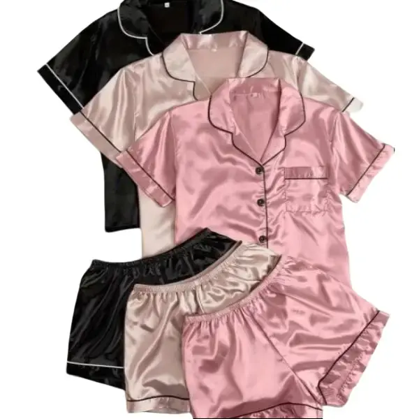 Women's 6-Piece Minimalist Solid Color Satin Pajama Set - Turn-Down Collar Short Sleeve Shirt, Elastic Waist Shorts, Soft Basic Everyday Nightwear Loungewear, Shortsleeve, Lady, Polyester