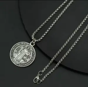 Christian Saint Benedict Cross Pendant Necklace Unisex Religious Jewelry Latin Cross Benedictine Abbey Design Durable Zinc Alloy Chain for Men Women Gift