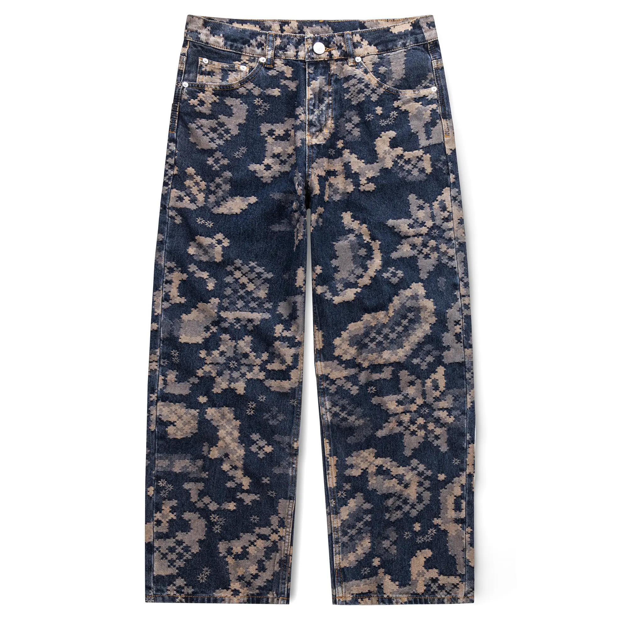 Dark blue washed straight-leg jeans with a full pixel paisley bandana print, high waist, button fly, classic five pockets, loose wide denim fabric, Y2K vintage street style, unisex casual denim trousers