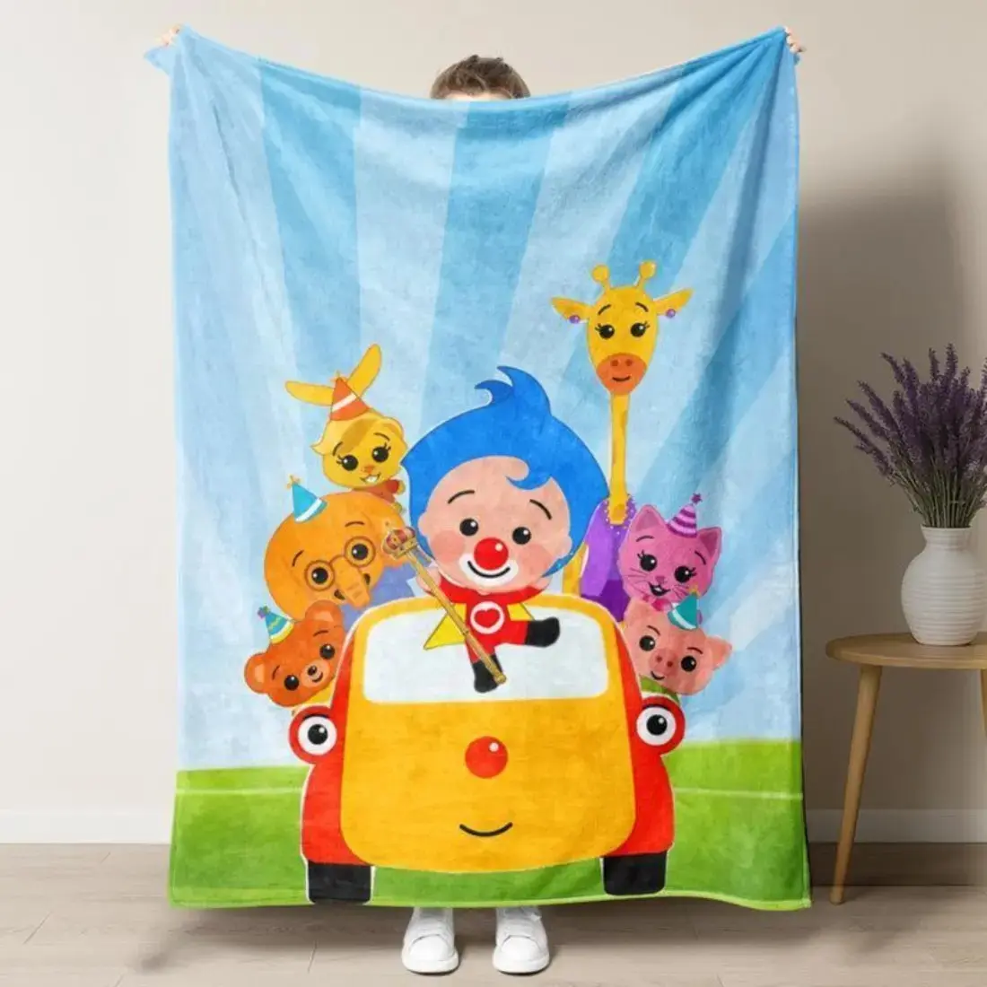 Kids Cartoon Theme Flannel Throw Blanket - Plim Plim Playful Circus Print, Soft Warm Machine Washable Blanket for Bedroom/Couch Nap Gift