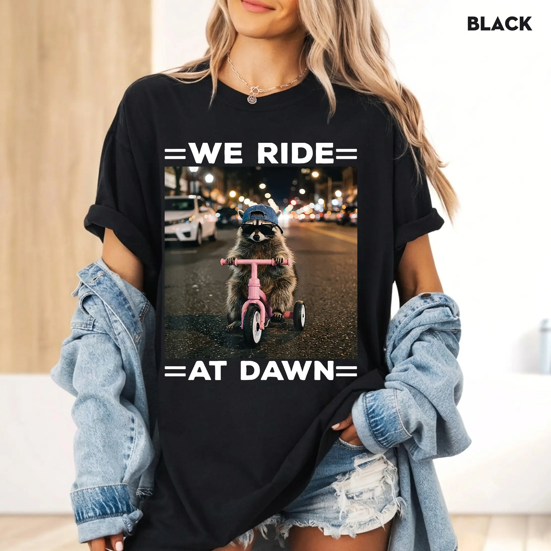 Comfort Colors Funny Raccoon Riding Tricycle We Ride At Dawn Cute Animal Shirt