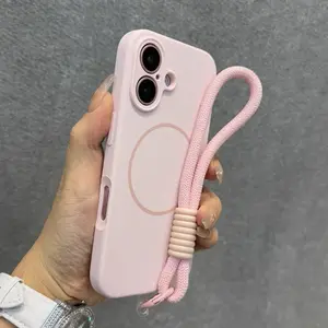 Magnetic Liquid Silicone Skin-Feel Wrist Strap Pure Color Shockproof Protective Phone Case Cover for iPhone 17, 16, 14, 13, 12 Pro Max, Plus Supports MagSafe Wireless Charging, Unisex Minimalist Protective Case Casing Accessories
