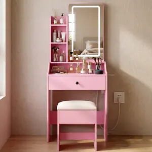 Small Makeup Vanity Desk with Dimmable Lighted Mirror, Vanity Table Set, Storage Drawers, Shelves & Stool for Bedroom