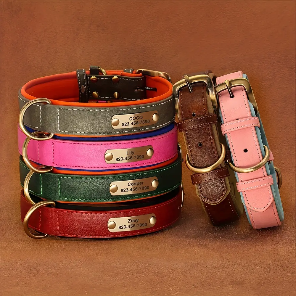 Customized Faux Leather Dog Collar - Padded ID Name Tag Collar with Complimentary Engraving for Small, Medium, Large Dogs, Collars
