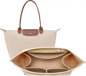 Purse Organizer Insert for Longchamp Le Pliage, Premium Felt Long Champ Bag Handbag Women, Tote Organizer Insert with 9 Compartments (Large, Beige)