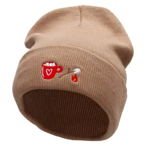 Hot Coca Marshmellow Embroidered 12 inch Acrylic Cuffed Long Beanie