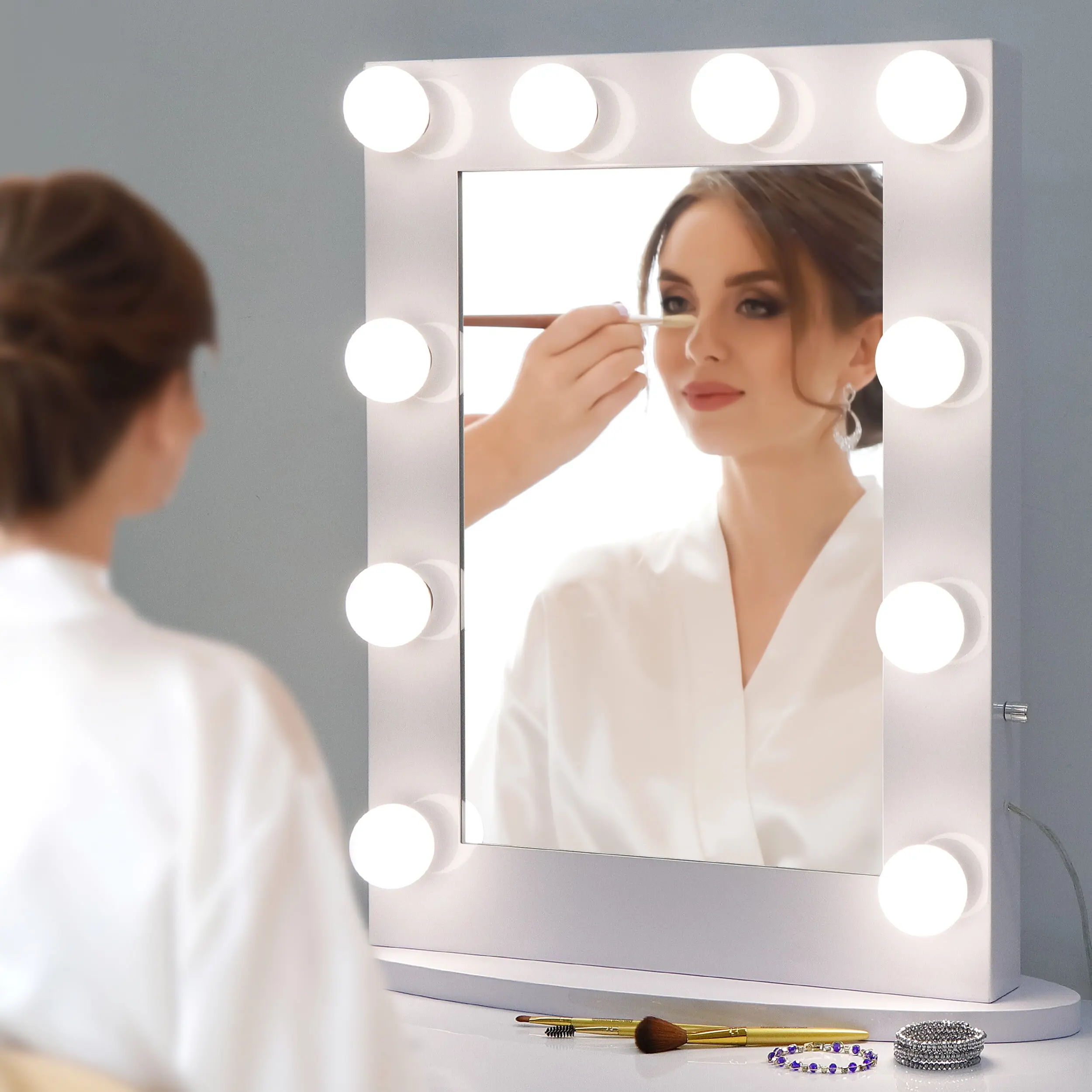 Large Rectangle Wall-Mounted Hollywood Backlit Vanity Mirror - Hanging Portable Makeup Vanity with Simple Metal Frame, Dimmable LED Lighted 12-Bulb Decor, Built-in LED Light Bar for Makeup Desk, Led Lighted Mirror
