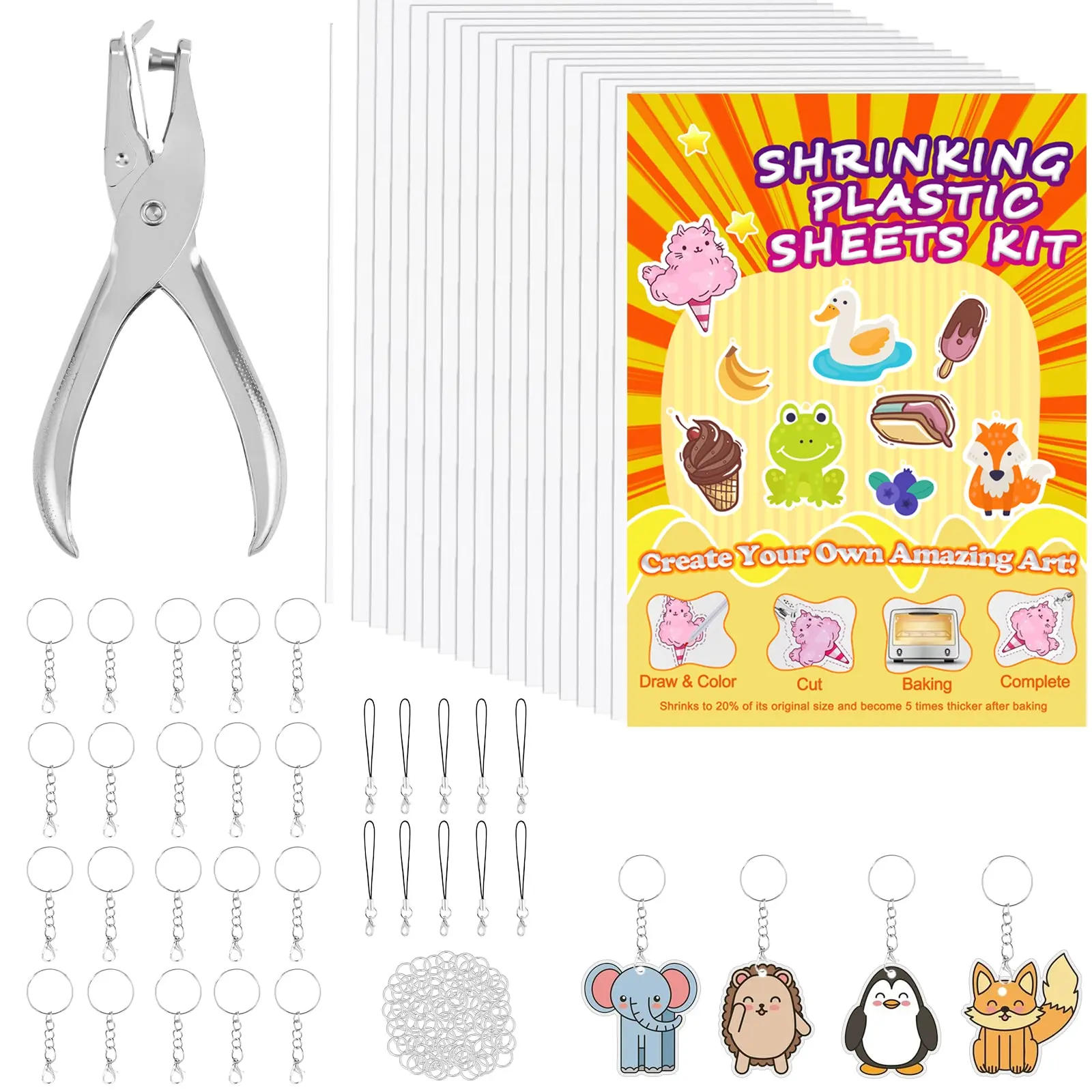 Shrink Plastic Sheet DIY Kit, Includes Heat Shrink Paper & Keychain Craft Supplies, Perfect for Kids Christmas Halloween Thanksgiving Gifts