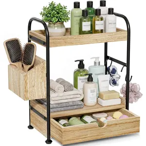 Kottwca 2-Tier Bathroom Counter Organizer with Drawer, Wooden Vanity Skincare Storage Shelf with Thickened Metal Frame, Countertop Shelf with Basket & Hooks for Makeup Organization,Light Brown