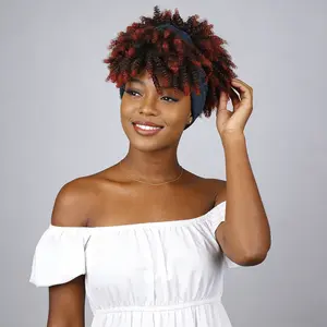 VOSILK Short Kinky Curly Wig Headband Wigs for Black Women Wrap Wig 2 in 1 Ombre Burgundy With Bangs Synthetic Headwrap Wig