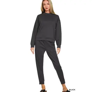 Zenana Women's Scuba Mock Neck Pullover & Joggers Set - Black