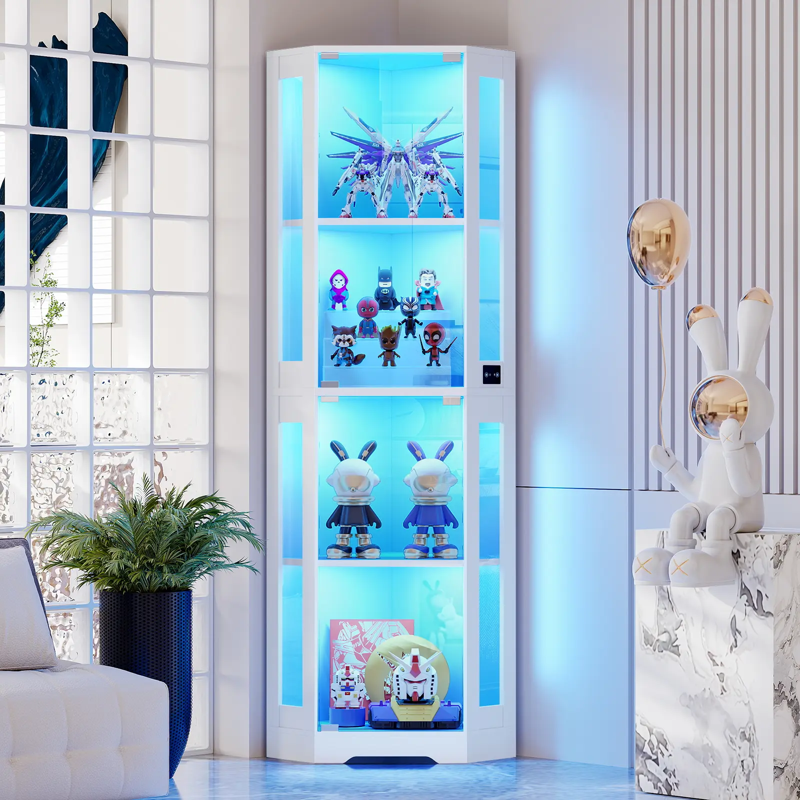 MIIFUNY 65" Corner Glass Display Cabinet with LED Lights, 4-Tier Showcase Display Case with Glass Doors & Human Body Sensor, Curio Cabinet for Collectibles, Figure, Liquor, White