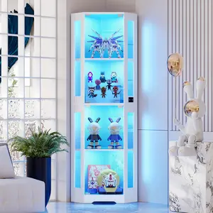 MIIFUNY 65" Corner Glass Display Cabinet with LED Lights, 4-Tier Showcase Display Case with Glass Doors & Human Body Sensor, Curio Cabinet for Collectibles, Figure, Liquor, White
