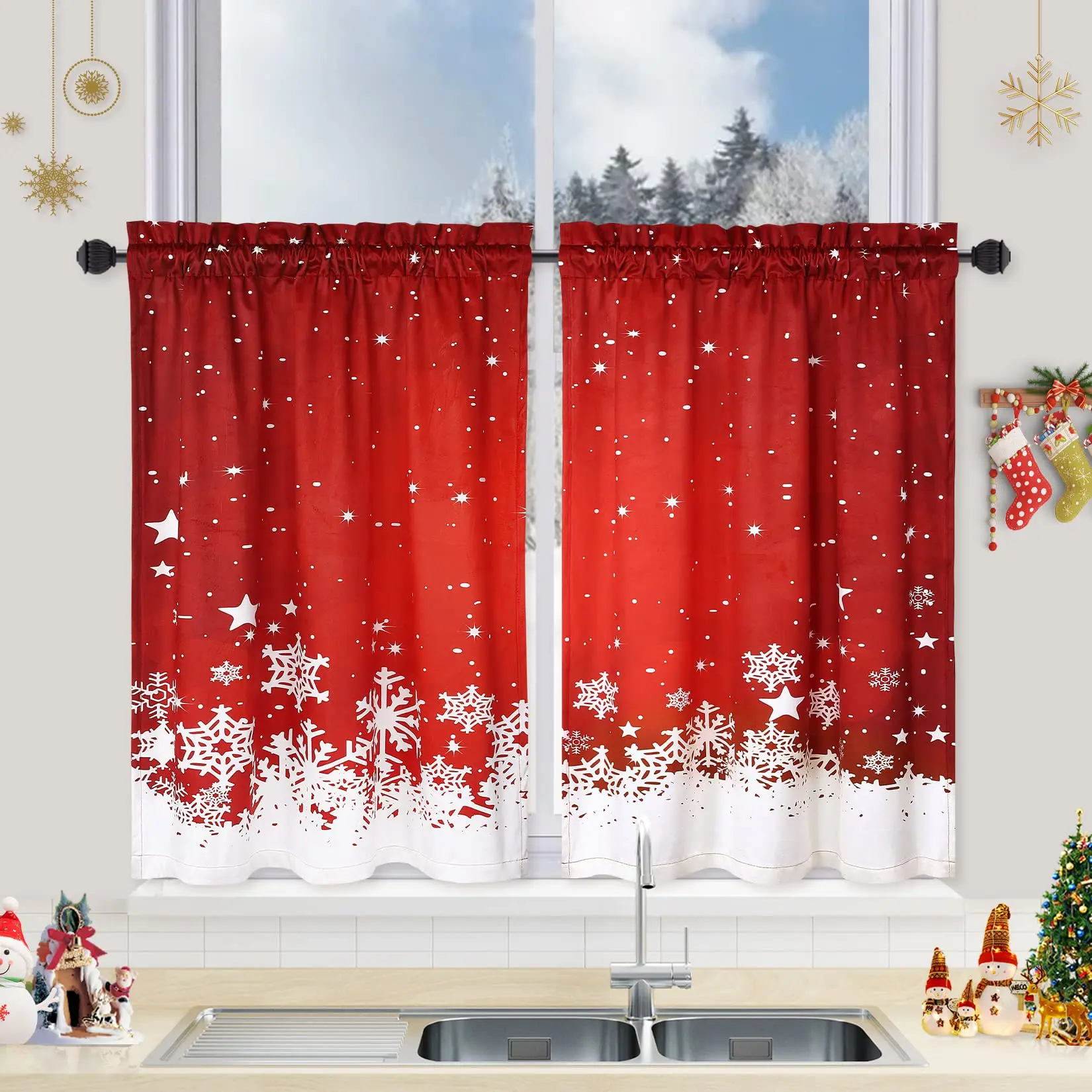 【GARVEE】Christmas Kitchen Curtains Set - Red Velvet Snowflake Design, Thermal Insulated Blackout Café Curtains, Short Window Panels 66x60 cm, Pack of 2
