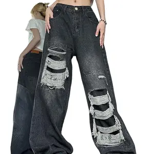 High-Rise Ripped Straight Leg Jeans Loose Fit Distressed Denim with Embroidery Detail Mid-Stretch Fabric Button Hole at Waist Machine Washable Casual Streetwear for Teens Trendy Outfit Pants Streetstyle Attire Basic Black