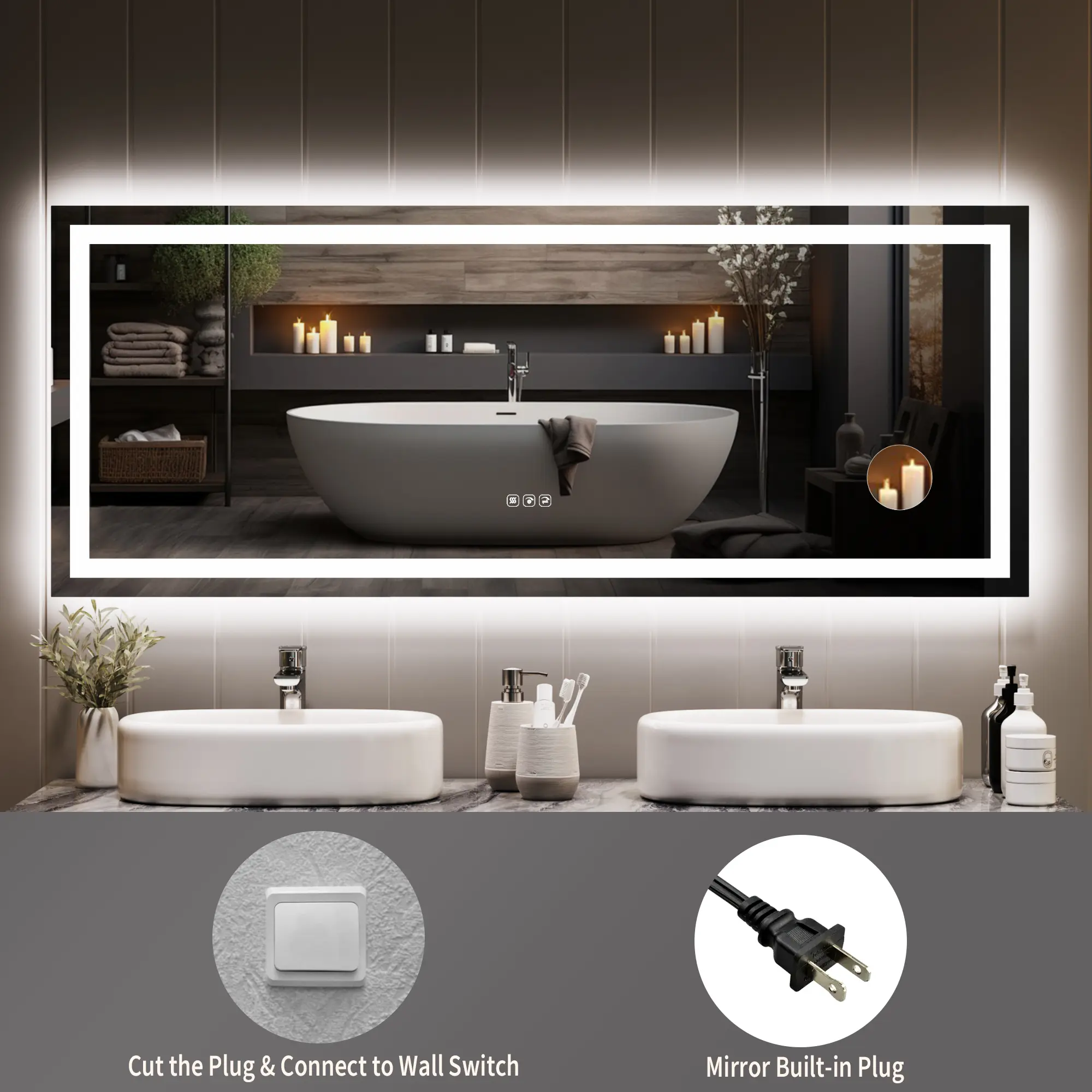 Garvee Upgraded Dimmable LED Bathroom Mirror 60x36 Inch – Front & Backlit Vanity Mirror with Lights, Anti-Fog, Shatter-Proof, 3X Magnifier, Memory, Wall Mounted, Horizontal or Vertical, Modern Frameless Design, 3 Color Modes