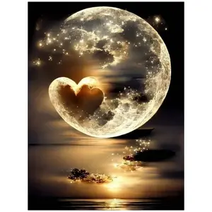 Moon heart with golden full moon and water reflection wall art, Multiple sizes available including square diamonds, This 5D DIY diamond painting set diamond art embroidery kit handmade furniture decor holiday birthday art gift, Diamond painting kits