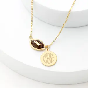Marleylilly Monogrammed Football Necklace 14k Gold-Plated Brass Chain with Resin Charm 16" with 2" Extender Personalized Monogram Disc 14mm
